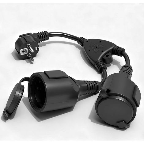 Fiche Double pour Prise, Rallonge avec 2 Prises, 2 en 1 Adaptateur Prise Distribution 2 Voies Schuko, Étanchéité IP44 Double de Protection pour Maison, Bureau, Voyages, 16A/250V/4000W, Noir (1/5)