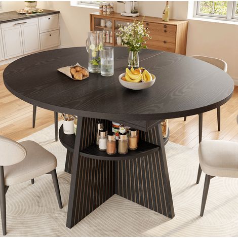 Table à manger extensible noire en MDF et métal, avec rangement ouvert, 110-150 x 110 x 76 cm (1/5)