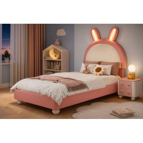 Lit enfant capitonné 90x200 cm, tête de lit lapin, LED, rose et blanc, PU et bois (1/5)