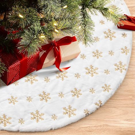 48 inches/122cm Jupe de Sapin de Noël pour Arbre de Noël Décorations de Fête de Vacances Blanc en Peluche Doré Sequin Flocon de Neige (1/4)