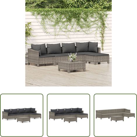 Rattan - 6-tlg. Garten-Lounge-Set mit Kissen Grau Poly Rattan (1/5)