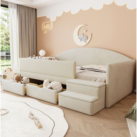 Cama infantil 90x190 cm beige en terciopelo con barrera, escalones y 2 cajones (1/5)
