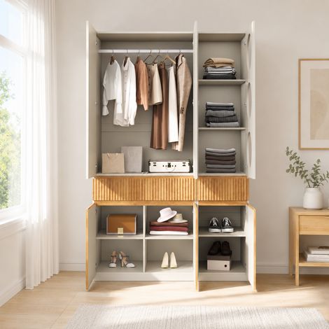 Armario ropero 6 puertas con barra y 2 cajones 135 x 50 x 200 cm MDF gris roble claro REDOM (1/5)