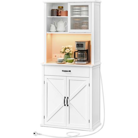 VASAGLE Credenza Cucina con Luce e Multipresa, Mobile Dispensa Cucina con Ante e Cassetto, 39,5 x 80,4 x 180,6 cm, con Ripiani Regolabili, Stile Farmhouse, Bianco Nuvola BBK363W21 (1/5)