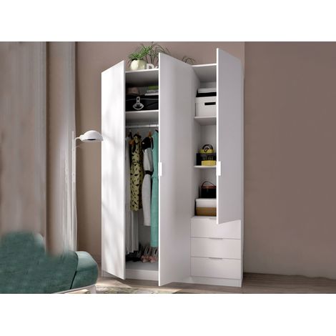 Guardaroba 3 ante Cimone, Mobile appendiabiti per camera da letto, Armadio 3 cassetti, 121x52h184 cm, Bianco (1/5)