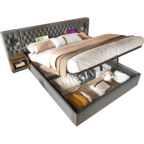 Lit avec rangement 160x200 cm en velours gris, sommier à lattes inclus, éclairage + ports USB/Type-C, 2 chevets (1/5)