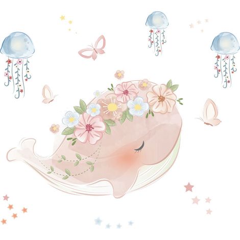 Ahlsen Un montón de adhesivos de pared, ballenas, flores rosas, medusas, mariposas, adhesivos removibles, decoración de pared para dormitorio, salón, oficina, cocina (1/5)