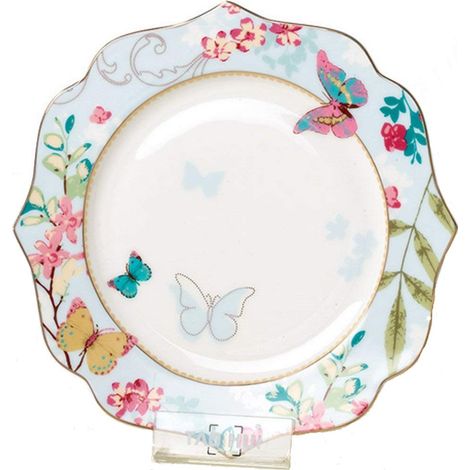 Assiette à dessert en porcelaine anglaise pour petit déjeuner, thé de l'après-midi, motif papillon (bleu, assiette à salade de 19,1 cm) (1/5)