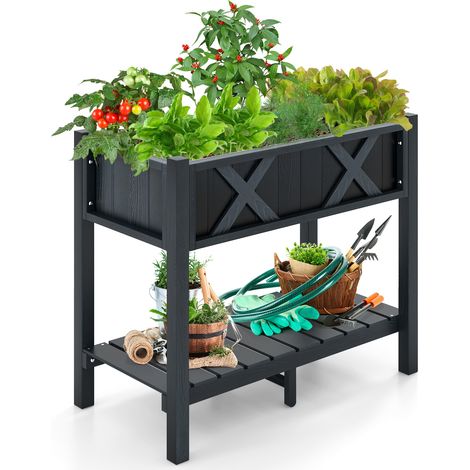 Bac de Jardin Surélevé en Matière HIPS Noir, Bac à Planter Haut Résistant aux Intempéries, Structure Renforcée avec Drainage, Design Décoratif X, Ergonomique pour Légumes, Fleurs et Aromates (1/5)