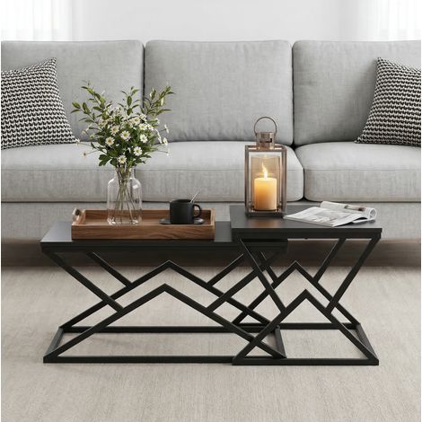 Mesa de centro negra, diseño geométrico, tablero de aglomerado y estructura de metal, estilo industrial (1/5)