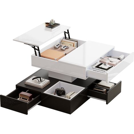 Table basse 70 x 70 x 40 cm avec plateau pivotant à 360°, design double niveau avec 3 tiroirs, table géométrique haute brillance relevable avec rangement,Blanc + Noir