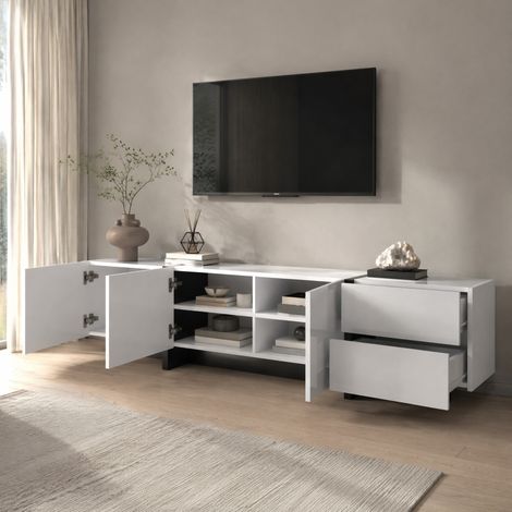 Meuble TV 190 x 35 x 45 cm avec 3 portes, 2 tiroirs, blanc brillant et noir DESVIAE (1/5)