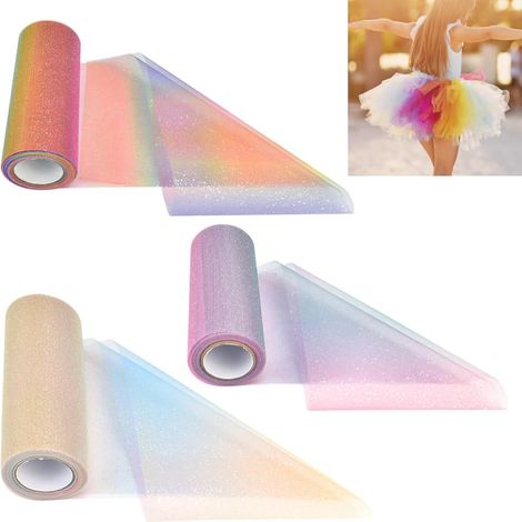 Juego de 3 rollos de cinta de tul de colores arcoíris con degradado de color, 15 cm x 9 m, tela de tul decorativa con purpurina, arcoíris, camino de mesa, para decoración (1/5)