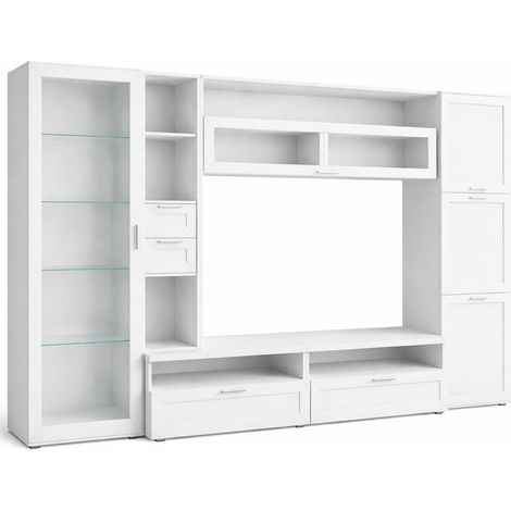 Parete Attrezzata Soggiorno Con Vetrina 6 Ante Battenti E 3 Ribalte Ampio Mobile Porta TV Con Ripiani Design Moderno Zona Living Elegante Minimal Funzionale 300 x 50 x 215 Cm Bianco (1/5)