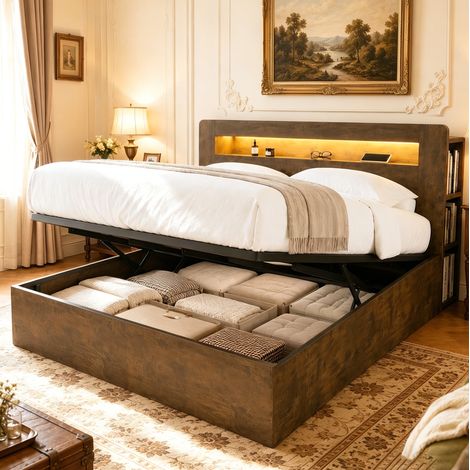 Cama con almacenaje moderna 180x200 cm en madera envejecida con cabecero con estantes, LED, enchufes integrados y elevación hidráulica (1/5)