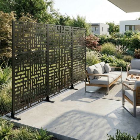 Paravent métallique autoportant extérieur 183x116 cm, panneaux clôture décoratifs, base stable, séparateur portable patio terrasse balcon jardin