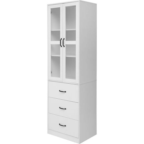 Vitrine blanche sur pied 3 tiroirs 2 cloisons mobiles éclairage led portes en acrylique (1/5)