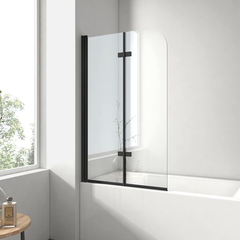 EMKE Badewannenfaltwand 140x100 cm Schwarz, 2-teilig faltbar, abgerundet, Badewannenaufsatz 6mm ESG Glas & Nano