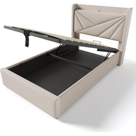 Lit simple rembourré avec rangement 90x200 cm, tête de lit USB et Type-C, beige, MODENUIT (1/5)