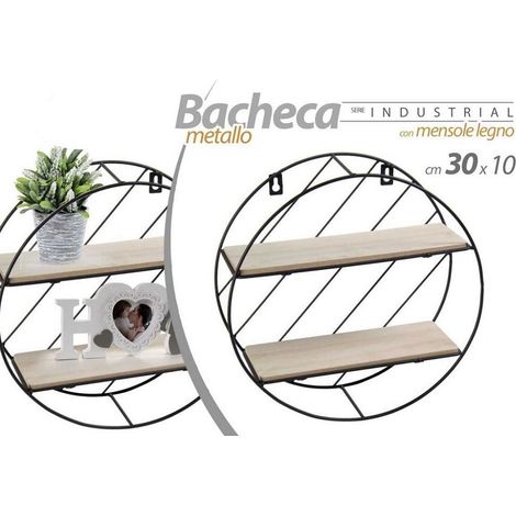 Kaela - Bacheca In Metallo Tonda Parete Porta Oggetti Mensole Legno 30x10cm Nero 832154 - (1/2)