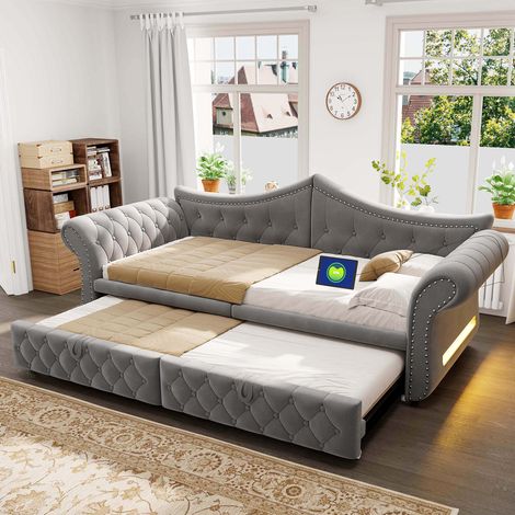Lit Banquette Extensible 3 en 1, Largeur 90 à 180 cm, Canapé Convertible avec USB, Éclairage LED, Clous Décoratifs, Velours - Gris (1/5)
