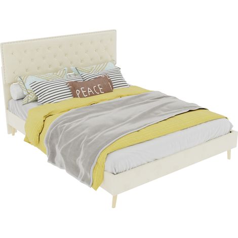 Lit moderne minimaliste et moelleux, tête de lit confortable et douce, 140200CM, beige, mobilier de chambre multifonctionnel, cadre de lit bas sans barre de levage, matelas 140200cm inclus. (1/5)