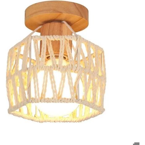 Rétro Plafonnier en Carré Lampe de Plafond Industriel Vintage en Rotin Blanc Lustre Abat-jour Cage pour Couloir Entrée (1/5)
