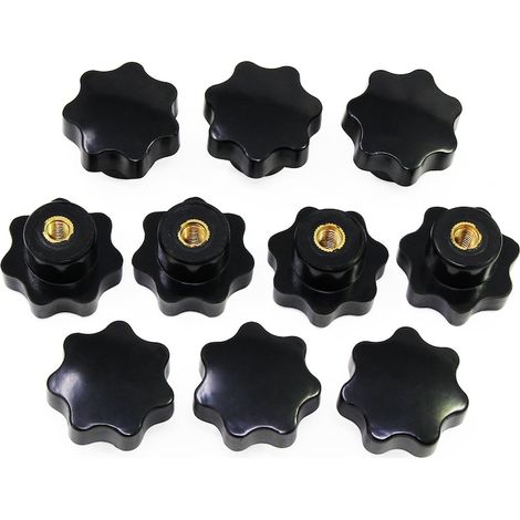 Lot de 10 boutons moletés M6 en forme d'étoile avec filetage femelle, poignées en plastique noir pour équipements mécaniques. (1/5)