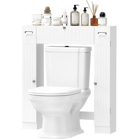 Meuble WC dessus de toilette avec 2 placards, tiroir basculant, porte-papier et étagères réglables, blanc (1/5)