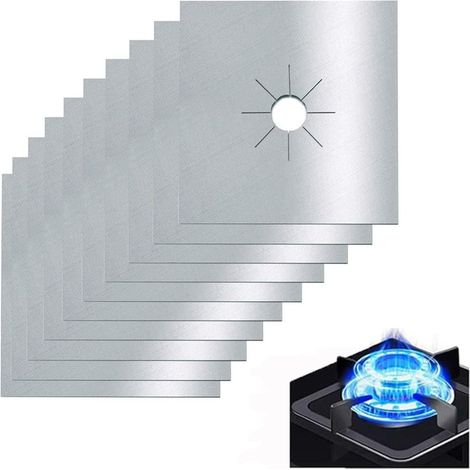 10 Pièces Protection Plaque Cuisson Gaz Réutilisable Couvre, à Anti Chaleur Tapis Cuisinière Antifouling (27x27cm, Argent) (1/5)