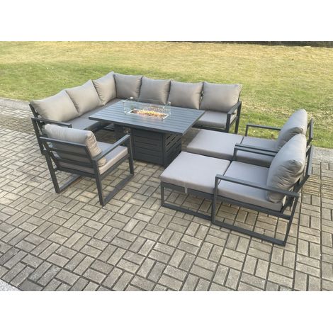 Fimous Aluminium Patio Outdoor Garden Furniture Corner Sofa Set Gas Fire Pit Dining Table with 3 Chairs 2 Big Footstools Dark Grey (1/5)