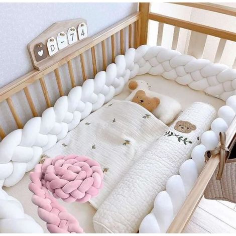 Tour de Lit Bébé - Coussin Tressé Pare-Chocs - 3 m - Fibre Polyester Douce - Protection Berceau - Lot de 4 Pièces