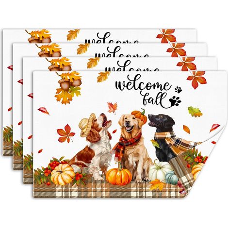 Lot de 4 Sets de Table Chien Écossais d’Automne, sous Assiette de Table Citrouille Thanksgiving, Dessous Assietter Lavable Absorbant pour Cuisine, Salle à Manger, Fêtes Décoration 30x45cm (1/5)