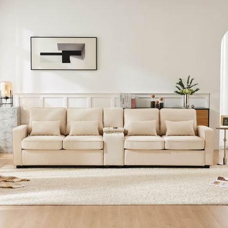 Canapé 4 places en lin beige 290 cm avec console, porte-gobelets et interface USB