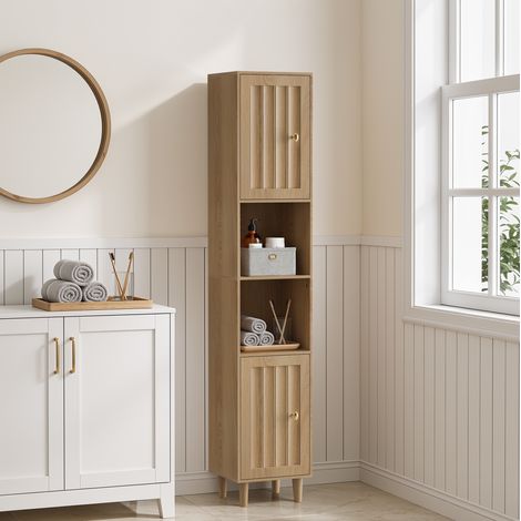 Armario alto de baño 32x30x169 cm color roble en MDF con puertas acanaladas y estantes abiertos (1/5)