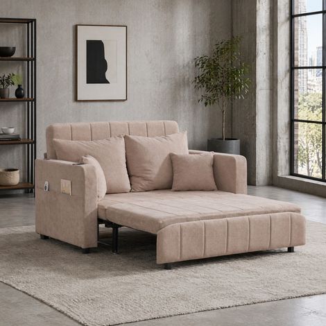 Divano letto multifunzione in ciniglia beige, convertibile, con USB, portabicchieri e tasche (1/5)