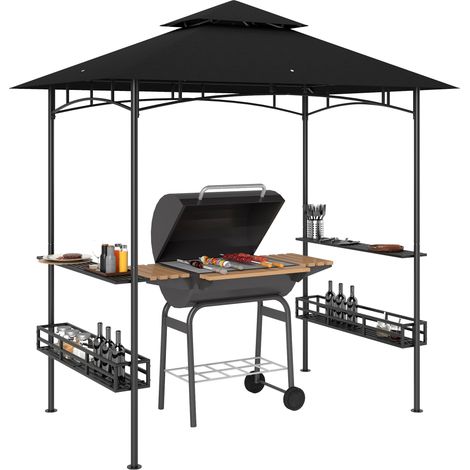Dunkelgraue Garten-Grillpergola mit Deckenhaken, Regalen und Körben, 240 x 150 x 257 cm