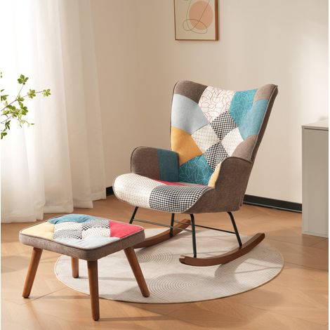 Bunter Patchwork-Schaukelstuhl mit Fußhocker, 69,5 x 50 x 88,5 cm (1/5)