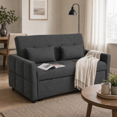 Canapé Convertible 2 Places 3 en 1, Canapé-Lit Clic Clac 160 cm, Dossier Réglable, Assise Large, 2 Oreillers, Gris Foncé (1/5)