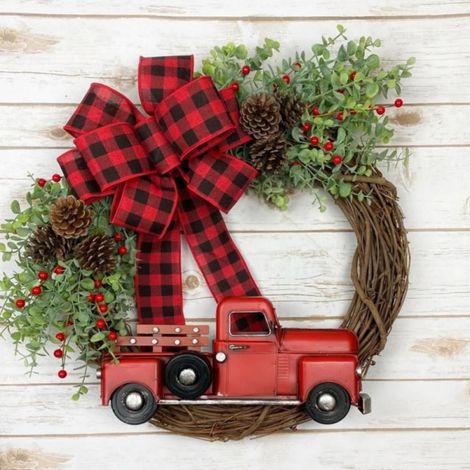 Guirlande De Porte De Noël - Camion Rétro En Métal - Diamètre 40 Cm - Branches Naturelles Et Baies Artificielles - Pour Décoration Intérieure Et Extérieure (1/2)