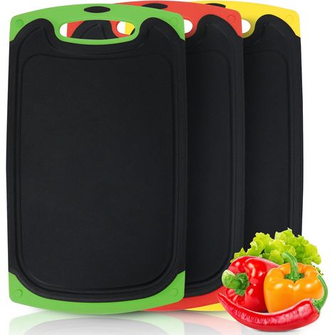 Planche a Decouper, Ensemble 3 Planches à Découper Plastique Antidérapante Antibactérien, Planche Cuisine Sans BPA avec Rainure de Jus et Poignées, Facile à Nettoyer, pour Viande, Légume, Fruit (Noir) (1/5)