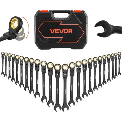Jeu de Clés Mixtes 24PCs, Clé Plate à Cliquet à Tête Flexible, pour Réparation Domestique et Automobile Atelier, SAE et Métrique, Extrémité Fourche, 72 Dents, en Acier Cr-V, avec Coffret (1/5)