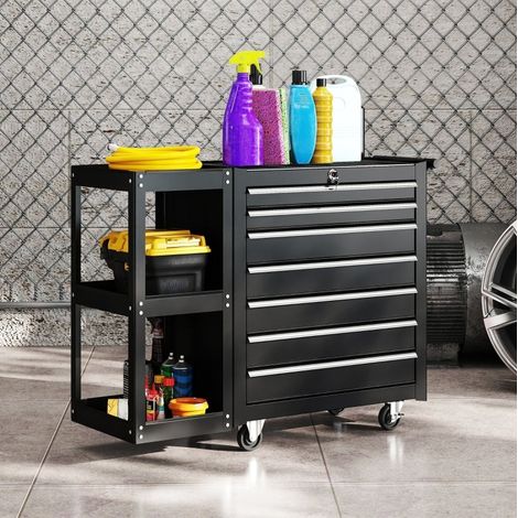 Carrello porta attrezzi con ruote, 7 cassetti e ripiano laterale removibile, nero DESVIAE (1/5)