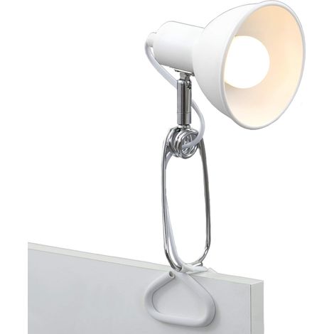 1 lampe à pince, métal blanc-chrome, tête rotative, interrupteur câble, culot e14, bureau lecture (1/5)