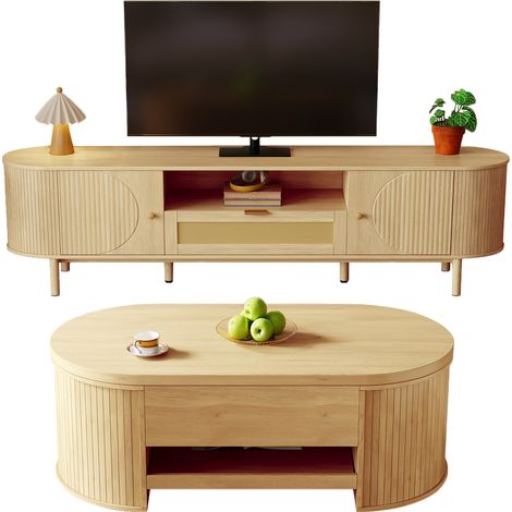 Ensemble mobilier salon meuble TV et table basse hauteur réglable design contemporain bords arrondis vendable séparément. (1/5)