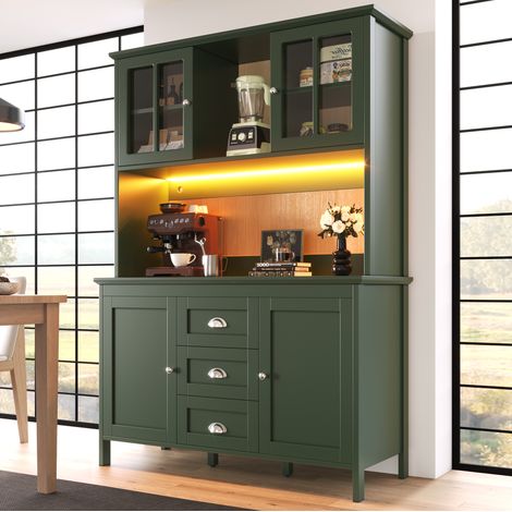 Mobile da cucina alto 120 x 40 x 179 cm con ante in vetro marrone e LED, verde DESVIAE (1/5)