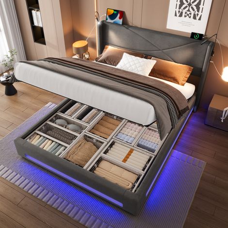 Bett mit Stauraum Samt Grau 140x200 cm mit LED, USB, Leselampen und Lattenrost