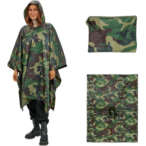 Relaxdays Regenponcho Mehrzweck 3 in 1 Tarn, Zelt Poncho, mit Kapuze, wasserdicht, Regencape Damen & Herren, grün/braun (1/5)