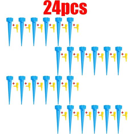 (Bleu - Lot de 24) Système d'irrigation goutte à goutte automatique réglable pour bouteilles d'eau, avec goutteur intégré, pour plantes d'intérieur et serres. (1/4)
