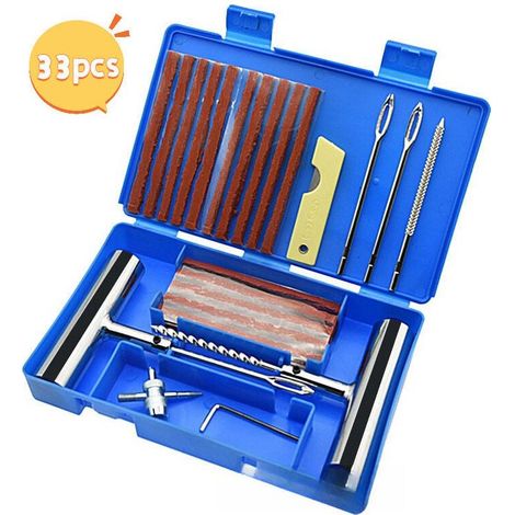 Ensemble de 33 pièces, kit de réparation de pneus, kit anti-crevaison pour voiture, outils de réparation de crevaison, adapté aux pneus de voiture et de moto (1/4)